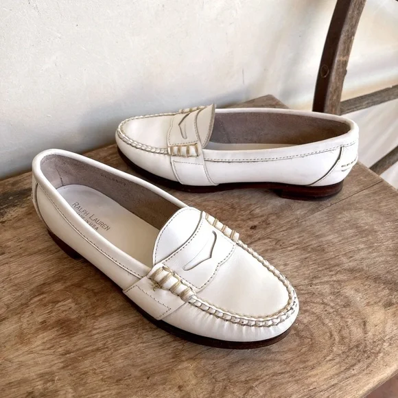 RALPH LAUREN Vtg White Leather Loafer Woman’s 7.5B Bench Made Maine USA RARE